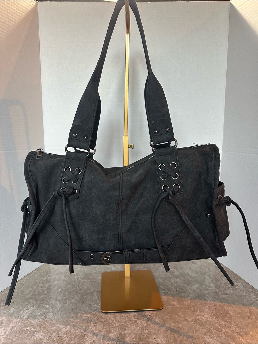 Black Distressed Faux Suede Shoulder Bag Corset Grommet Lace Grunge Buckle Purse
